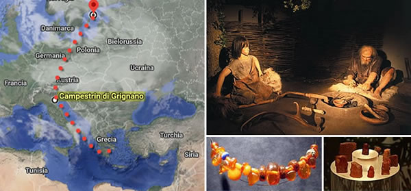 Approximate geographical area crossed by the Amber Route. Reconstruction of a Bronze Age workshop with artisans working amber and artifacts found at the Campestrin archaeological site in Grignano Polesine.