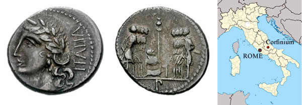 Silver coin of the Italic League, minted during the Social War (91-89 BC), in which the Italic peoples demanded citizenship rights against Rome and on which the name ITALIA was engraved for the first time. - Antonio De Nino Civic Archaeological Museum, Corfinio (L'Aquila, Italy)