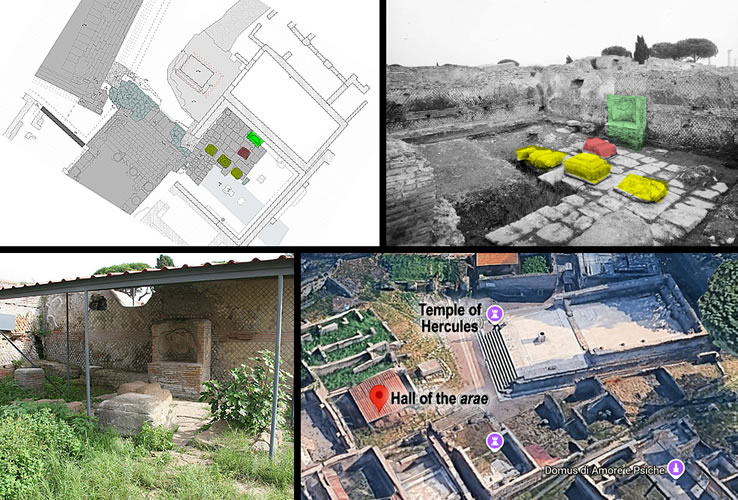 Floor plan of the northern sector of the square, highlighting the phases from the 4th century BC to the end of the 1st century AD (A. Marchello, M. Turci). - Hall of the Altars, view from the south/west (PaOant, Photographic Archive, no. B338). - Regio I - Insula XV - Hall of the Altars (I, XV, 3).