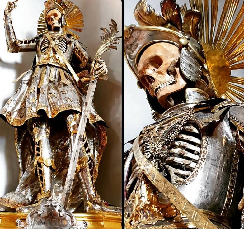 The purported skeleton of St. Pancras in St. Nikolaus Church, Wil (Switzerland). Baroque silver reliquary of the catacomb saint Pankratius.