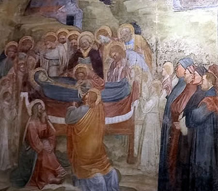 St. Michael, (remnant of the destroyed church, now the Oratory of San Michele Arcangelo) and the fresco by Jacopo da Verona depicting the 'Funeral of the Virgin' with the Apostles around the bier.