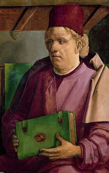 Portrait of Pietro d'Abano in the studiolo of Federico da Montefeltro (1476), by Justus van Gent (1460–1480) and Pedro Berruguete (1450–1504)