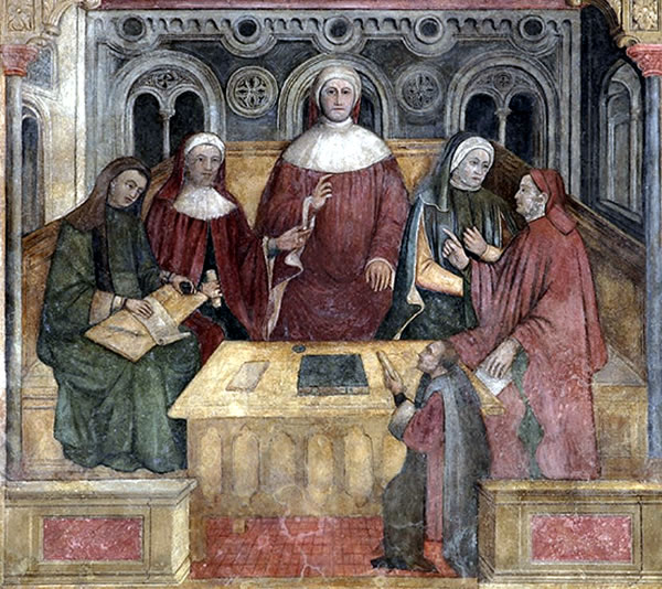 Pietro d'Abano during the heresy trial. Palazzo della Ragione, Padua