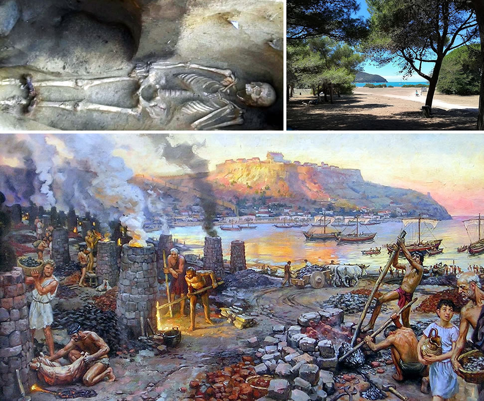 A servant buried in chains (the Man in chains of Baratti), 4th century BCE, Populonia - The dunes of Baratti bay near the beach, Populonia - Reconstruction of the metallurgical industrial area on the Gulf of Baratti