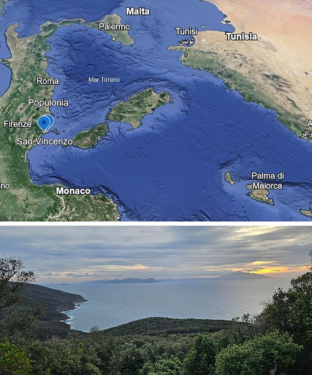 Coast between Populonia and San Vincenzo compared to other Mediterranean locations - View of the Elba island from Populonia