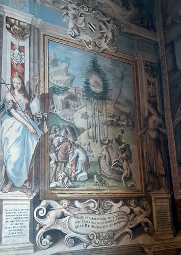 'The Vision of King Rachis', inscription and frescoes by Francesco Nasini (1652) - Chapel of the Holy Saviour, Abbey of San Salvatore (Siena, Italy)