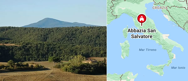 Mount Amiata and location of the nearby Abbey of San Salvatore (Siena, Italy)