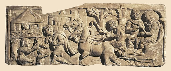 Fragment of a sarcophagus depicting the arrival of a traveling carriage at a post station: on the horse-drawn carriage, driven by a coachman, two travelers are seated, while an outrider precedes them to book the hotel, which is depicted on the left—a two-story building with a front colonnade and a balcony (National Roman Museum, Rome) - The Mansio Sebatum (Lorenzen, Bolzano, Italy)