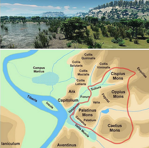 Archaic Rome before its foundation: marshy land along the Tiber River and the Septimontium hills (red line).