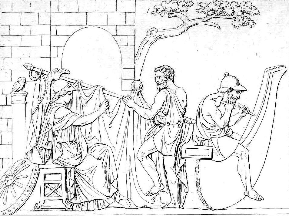 Drawing by Giorgio Zoeg (1755-1809) of the terracotta relief, Roman artwork, probably 1st century CE, which said to have been found near the Porta Latina in Rome: 'The building of the ship Argo' - Athena (on the left) adjusts the sail; Tiphys (centre) holds the yard; Argos (on the right) sits across the stern.