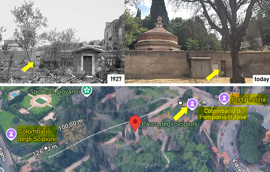 The boundary wall of the Park of the Scipios, along Via di Porta Latina, seen from the inner side, is covered with archaeological fragments. Beyond the wall, the Borromini-designed roof of the oratory of San Giovanni in Oleo stands out, along with the stretch of the Aurelian Walls featuring the Porta Latina
