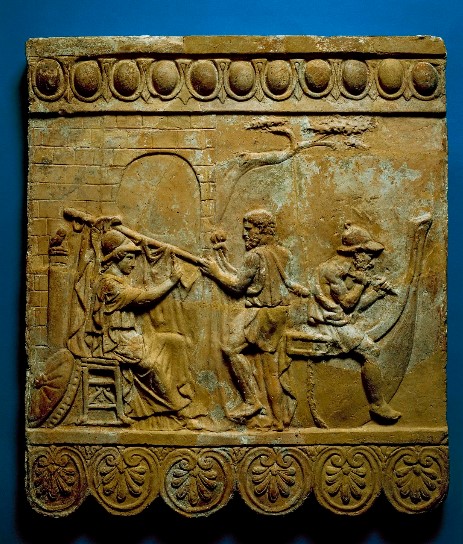 Terracotta Campana relief: Athena supervises the building of the ship Argo for the expedition of Jason and the Argonauts. Athena adjusts the sail while the helmsman Tiphys holds the yard - British Museum