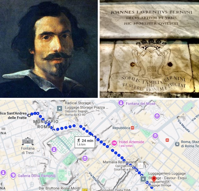 Portrait of Gian Lorenzo Bernini, the family tomb inside the Basilica of Santa Maria Maggiore, and the plaque.