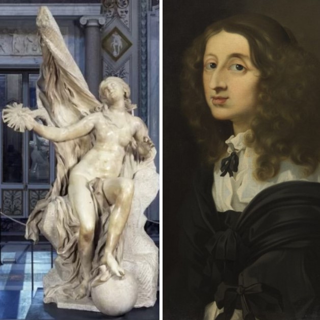 Sébastien Bourdon, Portrait of Christina of Sweden, 1652-1657, Stockholm, National Museum and, Truth Unveiled by Time (1645-52) by Gian Lorenzo Bernini, Galleria Borghese, Rome. The young girl, seated on a rocky mass, holds the sun in her right hand and rests her left leg on the terrestrial globe, according to an iconography already canonized in the famous Iconologia by Cesare Ripa (1600)