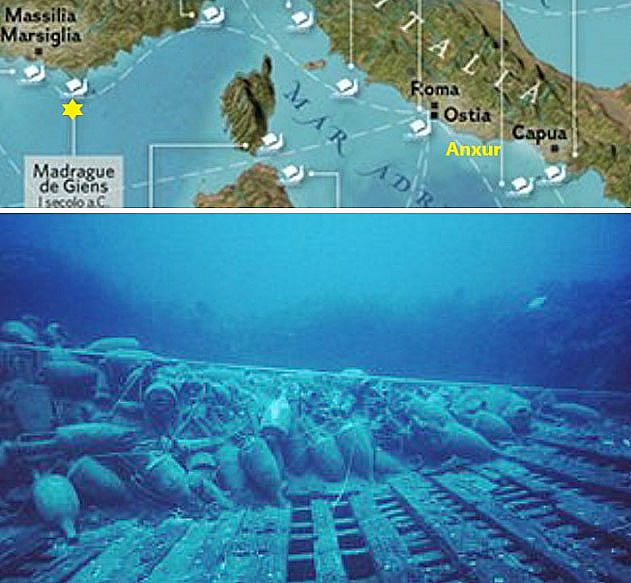 Map showing Mandrague de Giens (site of a 1st-century BC Roman shipwreck with one of the most significant late-republican wine cargoes ever found) and Anxur (Terracina), home to the workshop that produced amphorae recovered from the wreck (see photo below).