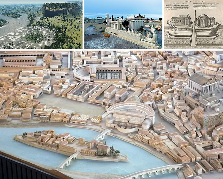 The Tiber Island before and after the foundation of Rome. - An engraving by Nicolaus van Aelst (16th century) based on a drawing by E. du Pérac