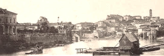 On right, a floating mill (XIX century)