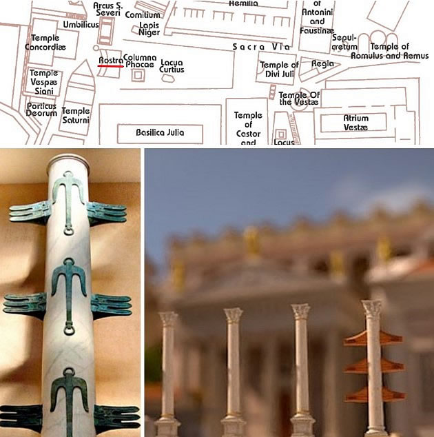 Locations of the Latin-Volscian Wall in Anzio and the presumed sites of the Caenon. Map of the Roman Forum highlighting the location of the Rostra; reconstruction of an ancient rostrate column (Rome, Museum of Roman Civilization) and graphic reconstruction of the Rostra Augusti