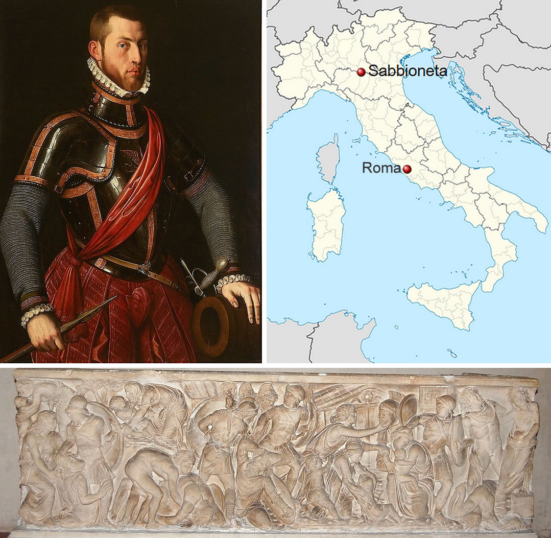 Portrait of Vespasiano I Gonzaga (1531–1591), by Bernardino Campi  (1520–1591), 1559, Pinacoteca Civica, Como - Sabbioneta (Mantua, Italy) - The famous sarcophagus known as 'The Sack of Troy'