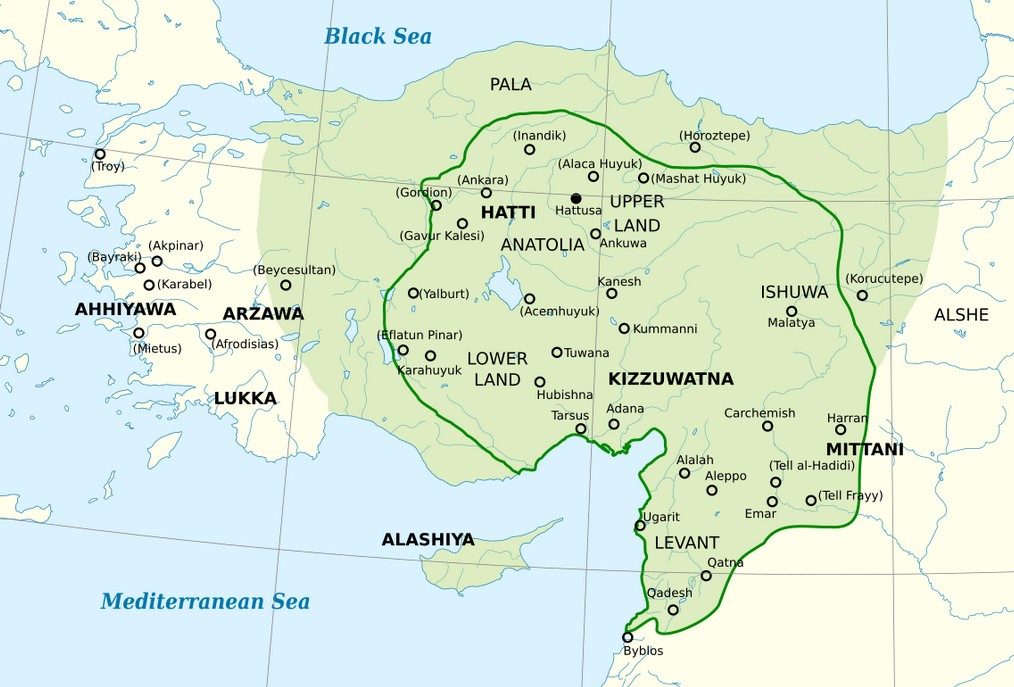 Map showing the Hittite Empire, Ahhiyawa (Achaeans) and Wilusa (Troy) in c. 1300 BCE.