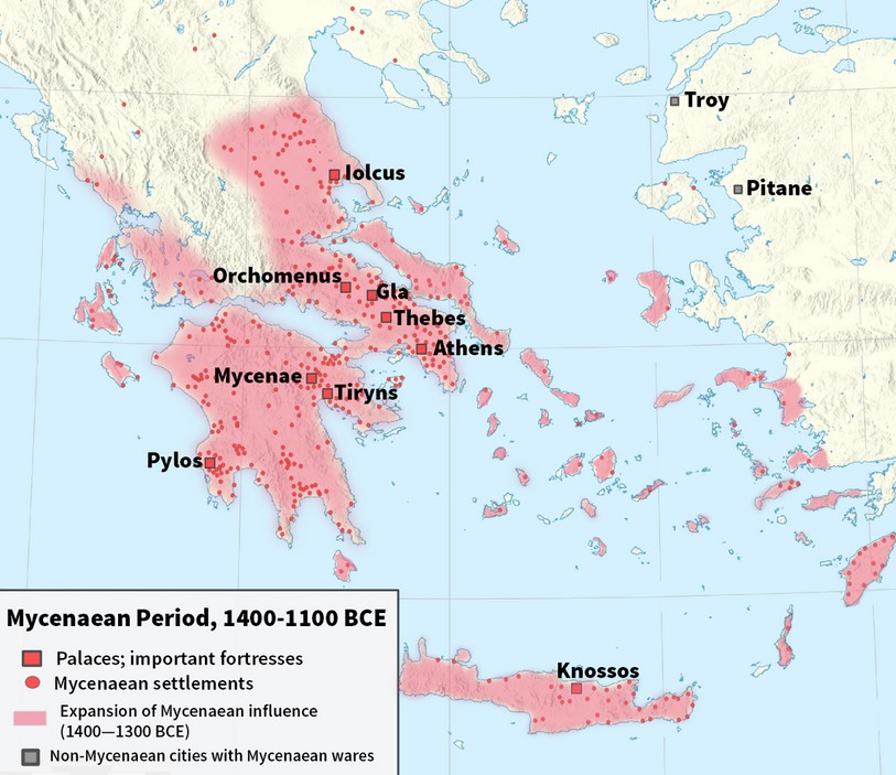 Map of Mycenaean cultural areas, 1400–1100 BC (unearthed sites in red dots).