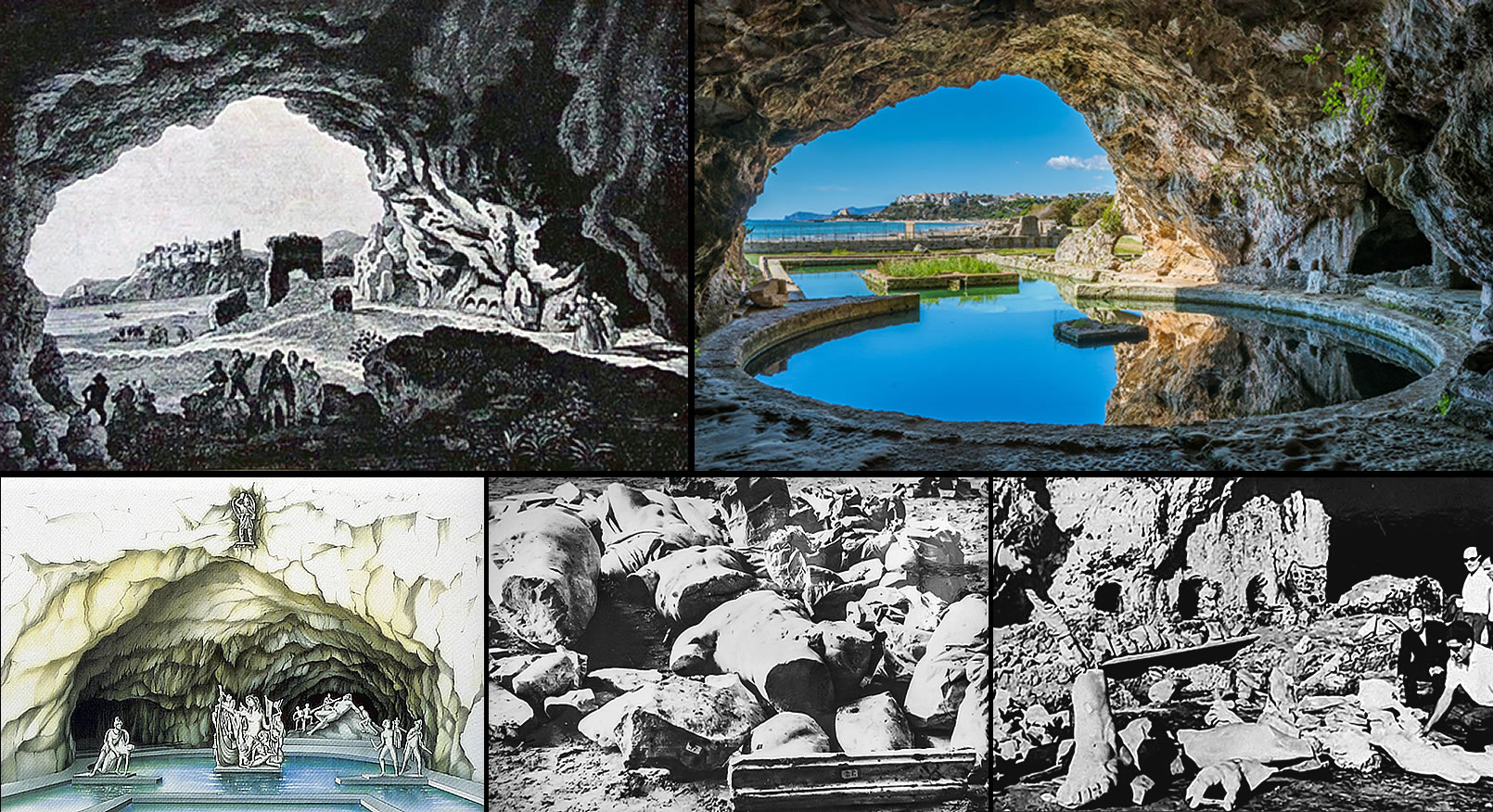 Tiberius Cave as it appeared in the early twentieth century and today - Reconstruction of the Tiberius Cave with the statues - Discovery of the fragments of the statues in 1957