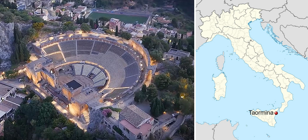 The Greek theatre today by night, Taormina