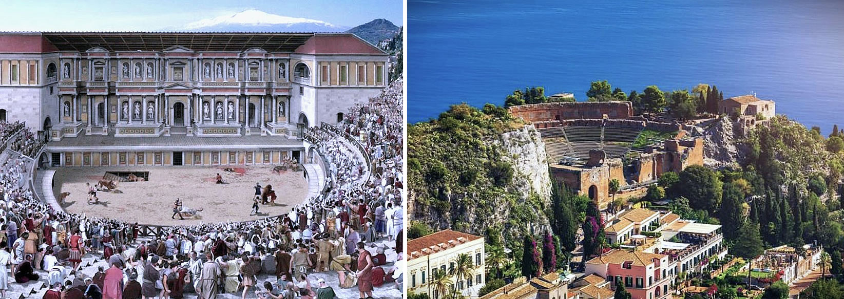 A graphic reconstruction of the Roman Theatre of Taormina with gladiators and wild beasts - The Greek theatre today, Taormina