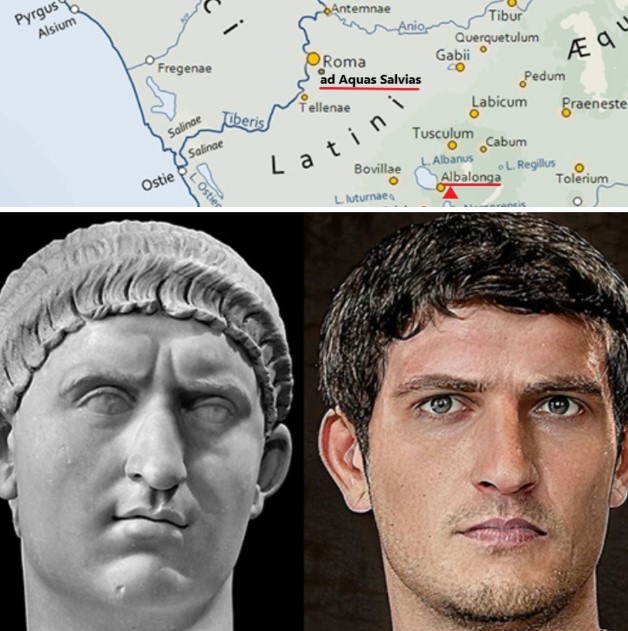 Map of ancient Latium highlighting the location of ad Aquas Salvias, and graphic reconstruction of the face of Marcus Salvius Otho by Haroun Binous.