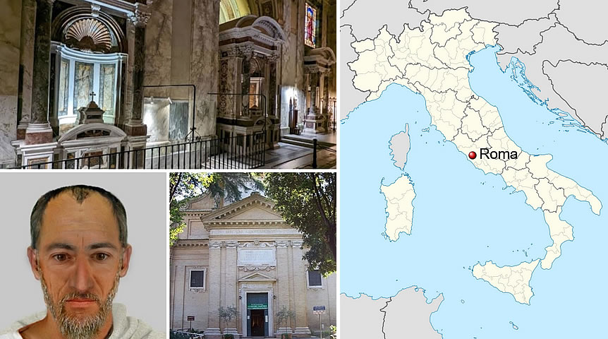 The three fountains inside the church of Saint Paul and his facial composite (* 7-10; † 64-67); created by experts of the Landeskriminalamt of North Rhine-Westphalia using historical sources, proposed by Düsseldorf historian Michael Hesemann