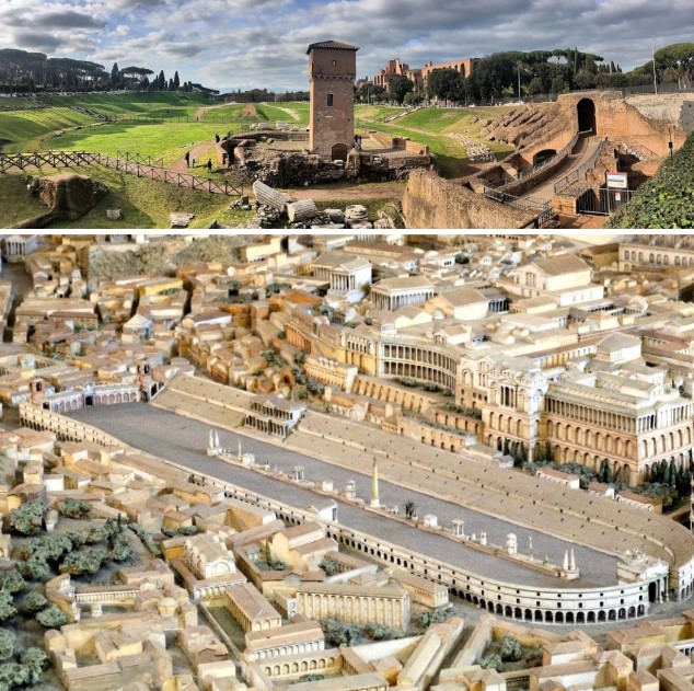 The Circus Maximus is the largest building for public entertainment in antiquity and one of the largest of all time (600 metres long by 140 metres wide) and is related by a legend to the very origins of the city: the Rape of the Sabine Women took place here.