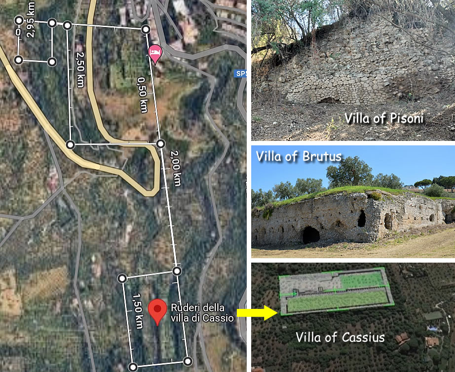 Map of the three ancient Roman villas in Tivoli.
Clockwise, at the top left is the Villa of the Pisoni, on the right is the Villa of Brutus, and at the bottom right is the Villa of Cassius