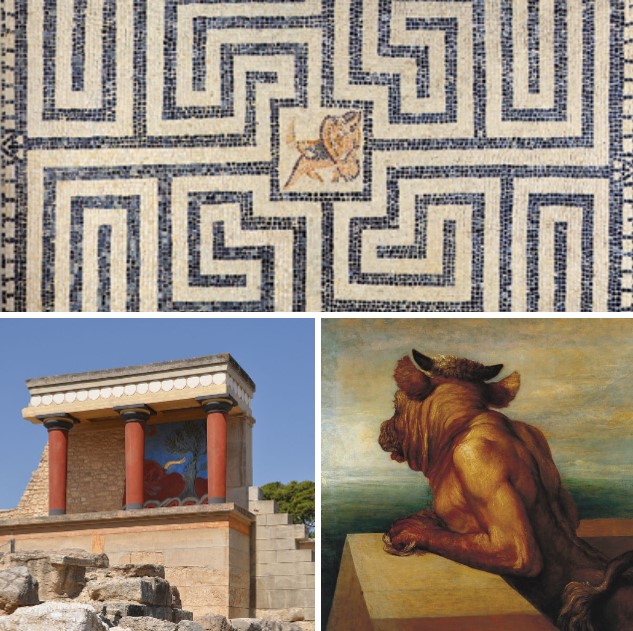 1) Mosaic from the Domus del Labirinto in Calvatore (Cremona, Italy), now housed at the Museo Platina in Piadena. It depicts the labyrinth of the Minotaur. The Minotaur's labyrinth symbolizes mankind's journey through earthly struggles, from life to death, while the center of the maze is a sacred space representing rebirth and human knowledge. 2) The Palace of Knossos. 3) An oil painting by George Frederic Watts portraying the Minotaur, 1885 – Tate Modern, London. The mythical creature became a symbol of rapacious lust and greed in modern civilization.