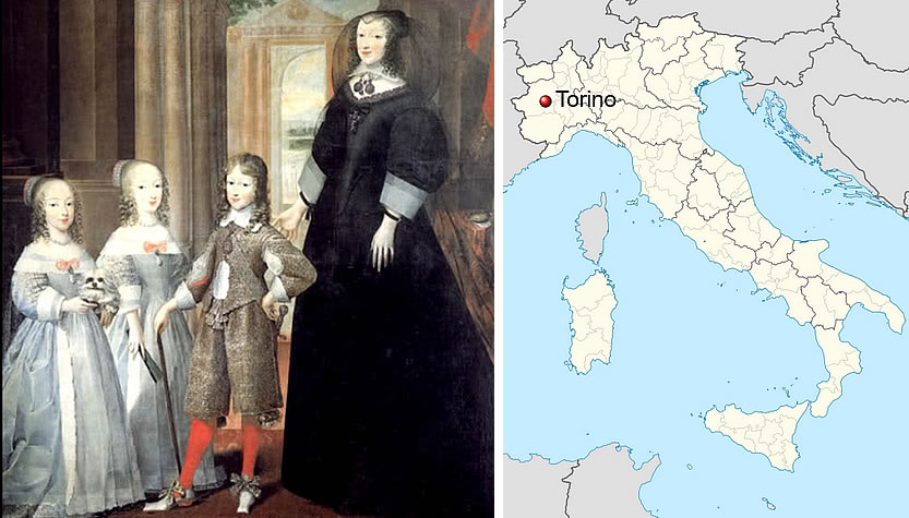 The Dowager Duchess of Savoy (Christine of France) with her children: Carlo Emanuele, Margherita Violante and Enrichetta Adelaide.
