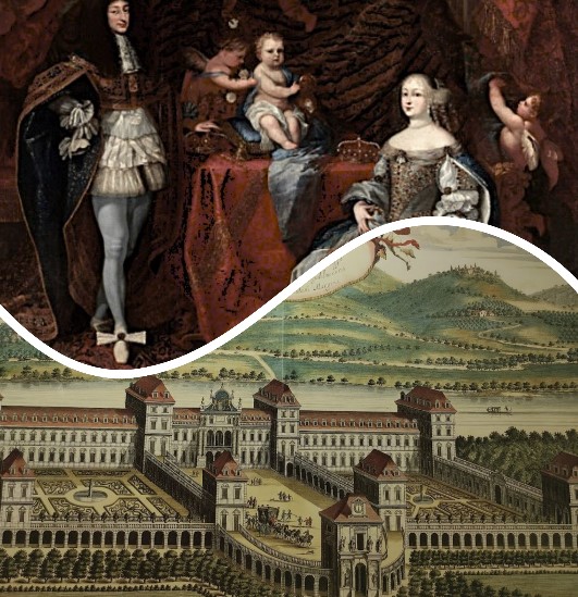Portrait of Carlo Emanuele II and his wife Maria Giovanna Battista of Savoy and their son Vittorio Amedeo in 1666 by Charles Dauphin and 'Castello del Valentino'