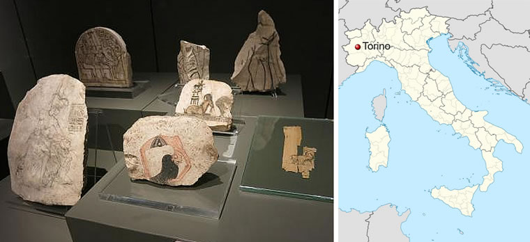 A display case featuring some precious ostraka from Deir el-Medina at the Egyptian Museum in Turin.