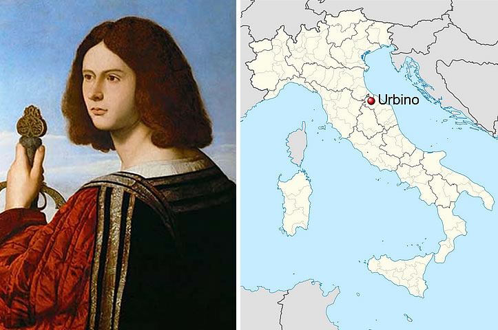 Francesco Maria della Rovere. According to an old hypothesis unsupported by concrete evidence, the painting depicts Francesco Maria della Rovere: the sword of honor grasped by the figure would allude to his fame as a condottiero. The author of the portrait, datable to around 1530, is not known with certainty. Several names have been proposed: Vincenzo Catena (1470–1531), Raphael Sanzio (1483–1520), and various Venetian artists of the early 16th century, in particular, more recently, Bartolomeo Veneto (died 1555).