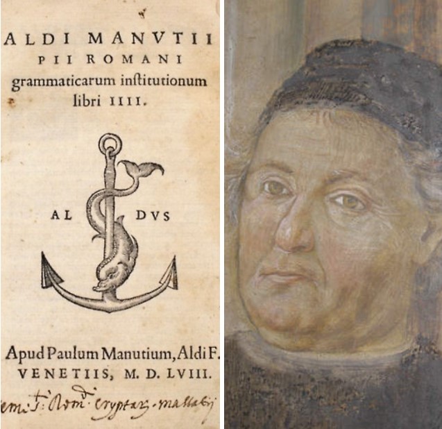 Aldus Manutius in a fresco by Bernardino Loschi. Castello dei Pio, Carpi (Modena) and the famous printer's mark of the Anchor and Dolphin.