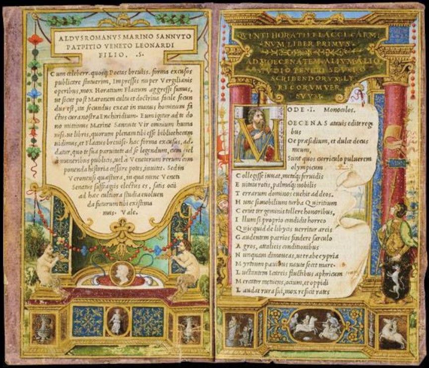 Florentine Miniaturist (?) active in Venice at the beginning of the 16th century. Quintus Horatius Flaccus, Opere, Venice, Aldus Manutius, 1501. Dedication by Aldus Manutius to Marin Sanudo and Frontispiece with Portrait of Horace. Florence, Biblioteca Medicea Laurenziana.