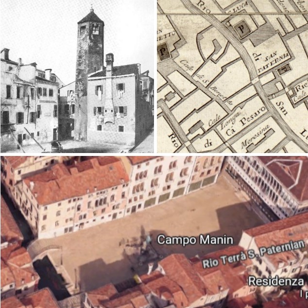 The position of the church of San Paterniano at the eastern end of what, with the late 19th-century restructurings, would become Campo Manin. Top left shows the church and bell tower before demolition. On that occasion, the well was removed, while the ancient bell tower and the church of San Paternian were demolished. Campo San Paternian was enlarged and restructured to house the monument to Daniele Manin, which gave the square its new name. The surrounding buildings were rebuilt, including the one destined to become a bank headquarters (the modern building at the end of today's square). Where the bell tower stood, today stands the statue of Daniele Manin.