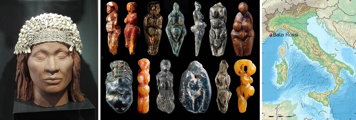 13 figurines from the Balzi Rossi site. Upper Paleolithic period, Gravettian culture, c. 24,000 – 19,000 BCE. Discovered between 1892 and 1896 in the caves of Balzi Rossi, Grimaldi, Ventimiglia, Italy. Height: 7.52 – 2.45 cm.