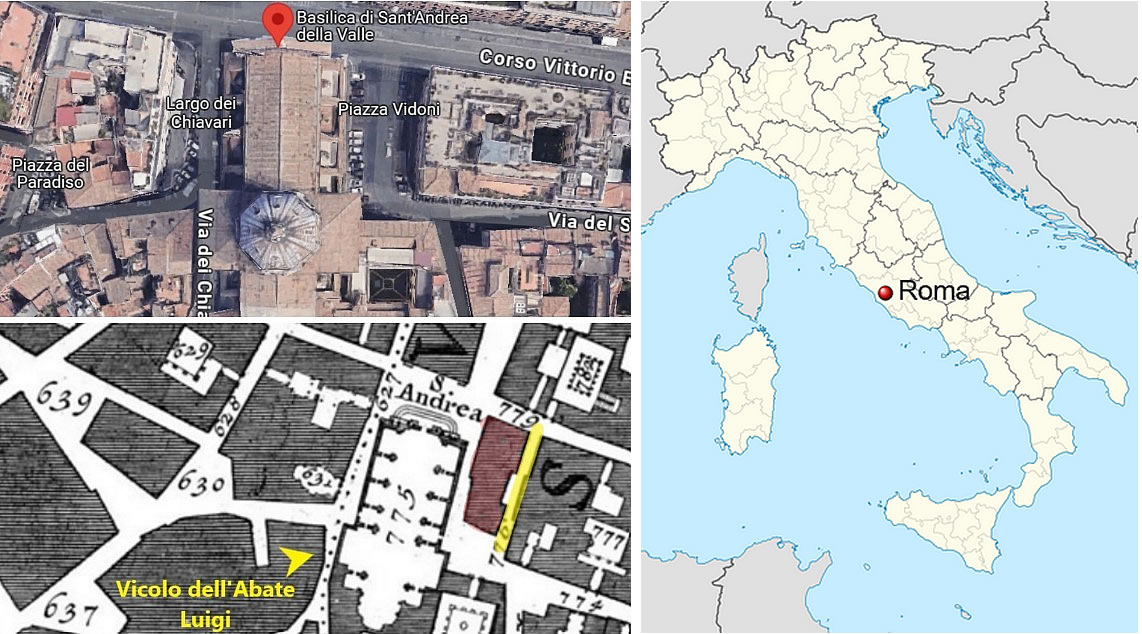 Nolli Map (1748) with Abbot Luigi Alley highlighted (yellow) and the demolished area (red).