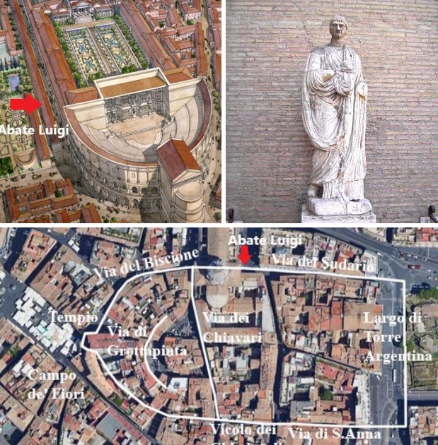Location of the Theater of Pompey and the Roman statue called Abate Luigi