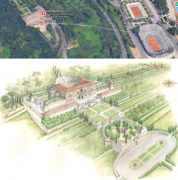Location of Villa Madama and the discovery site of the Roman domus on Via dei Gladiatori. - Project for Villa Madama by Raphael