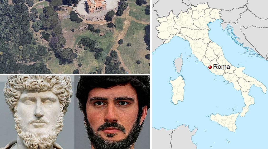 Villa Manzoni built atop the still-visible ruins of Lucius Verus' imperial villa, with a 3D facial reconstruction.