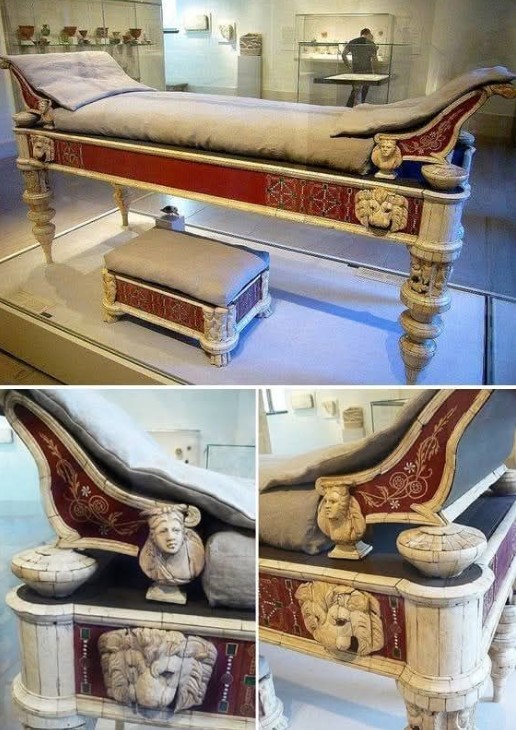 Couch and footstool with bone carvings and glass inlays (2nd century CE) from the imperial villa of Lucius Verus (co-emperor, A.D. 161–169), on the Via Cassia outside Rome. - The MET Museum.