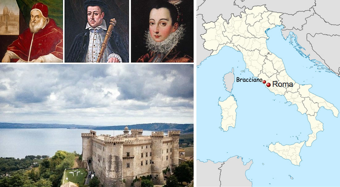 Bracciano Castle, Pope Sixtus V, Paolo Giordano I Orsini, and Vittoria Accoramboni.