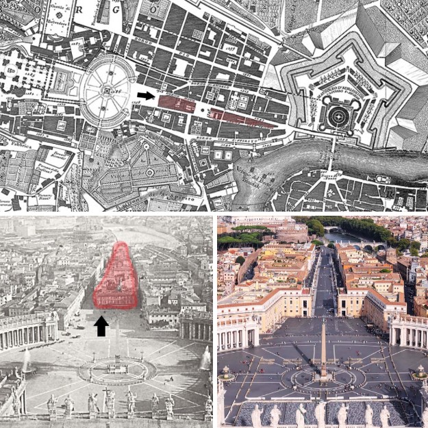 Highlighted in red: the 'Spina di Borgo' in the early 1900s, demolished in the 1930s. The black arrow marks the original location of Palace Accoramboni, which was torn down and rebuilt further along Via della Conciliazione. In the background, Castel Sant'Angelo can be seen.